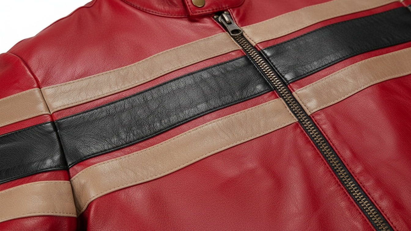 Men’s Red Genuine Leather Café Racer Motorcycle Jacket Racing Stripe Biker Coat