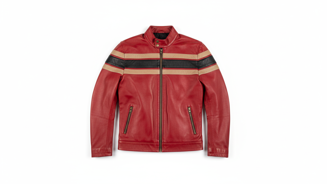 Men’s Red Genuine Leather Café Racer Motorcycle Jacket Racing Stripe Biker Coat