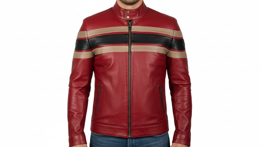 Men’s Red Genuine Leather Café Racer Motorcycle Jacket Racing Stripe Biker Coat