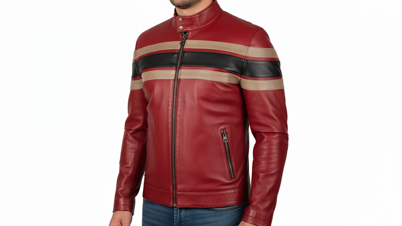 Men’s Red Genuine Leather Café Racer Motorcycle Jacket Racing Stripe Biker Coat