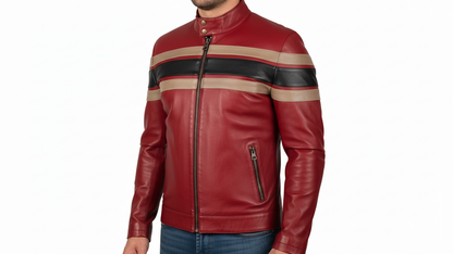 Men’s Red Genuine Leather Café Racer Motorcycle Jacket Racing Stripe Biker Coat