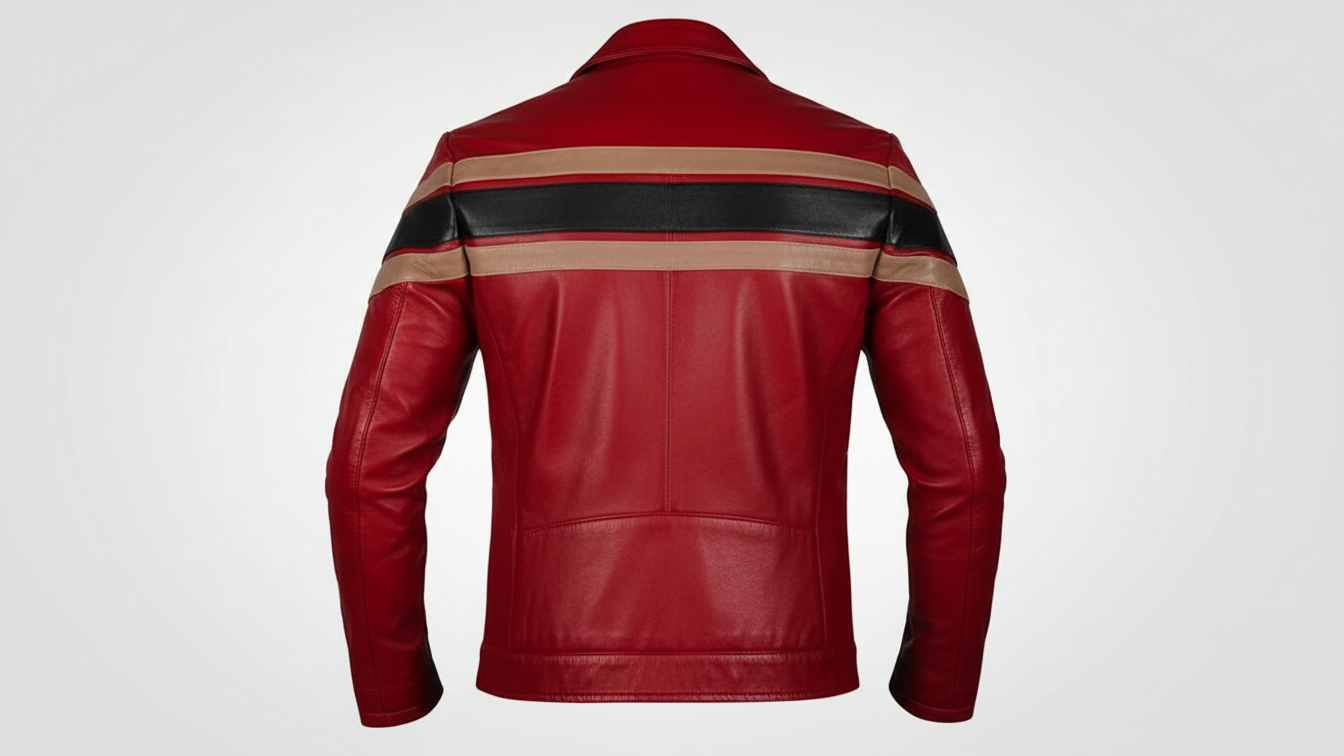 Men’s Red Genuine Leather Café Racer Motorcycle Jacket Racing Stripe Biker Coat