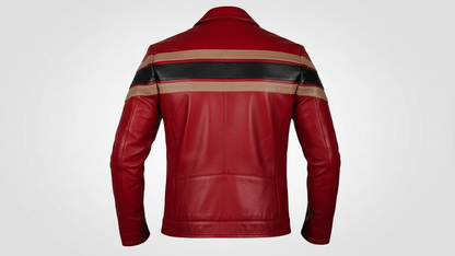 Men’s Red Genuine Leather Café Racer Motorcycle Jacket Racing Stripe Biker Coat
