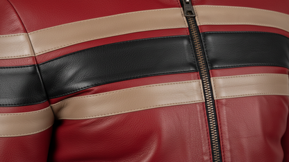 Men’s Red Genuine Leather Café Racer Motorcycle Jacket Racing Stripe Biker Coat