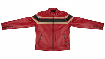 Men’s Red Genuine Leather Café Racer Motorcycle Jacket Racing Stripe Biker Coat