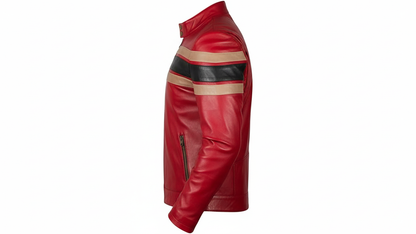 Men’s Red Genuine Leather Café Racer Motorcycle Jacket Racing Stripe Biker Coat