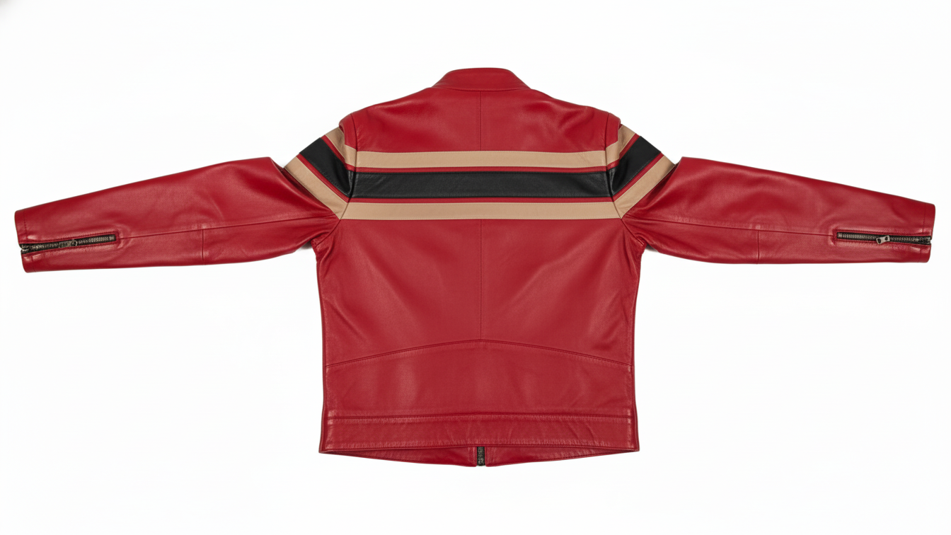 Men’s Red Genuine Leather Café Racer Motorcycle Jacket Racing Stripe Biker Coat