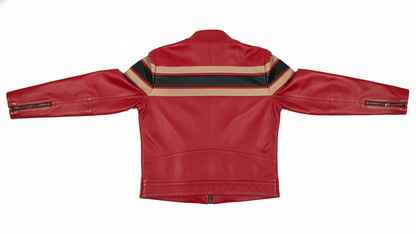 Men’s Red Genuine Leather Café Racer Motorcycle Jacket Racing Stripe Biker Coat