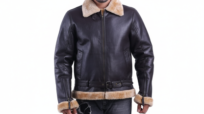 Men’s Black/Brown Leather Shearling Aviator Biker Jacket Fur Lined Winter Coat