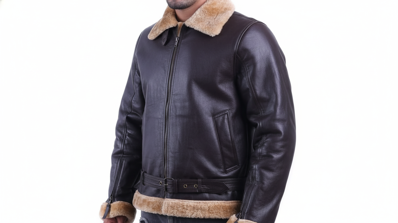 Men’s Black/Brown Leather Shearling Aviator Biker Jacket Fur Lined Winter Coat