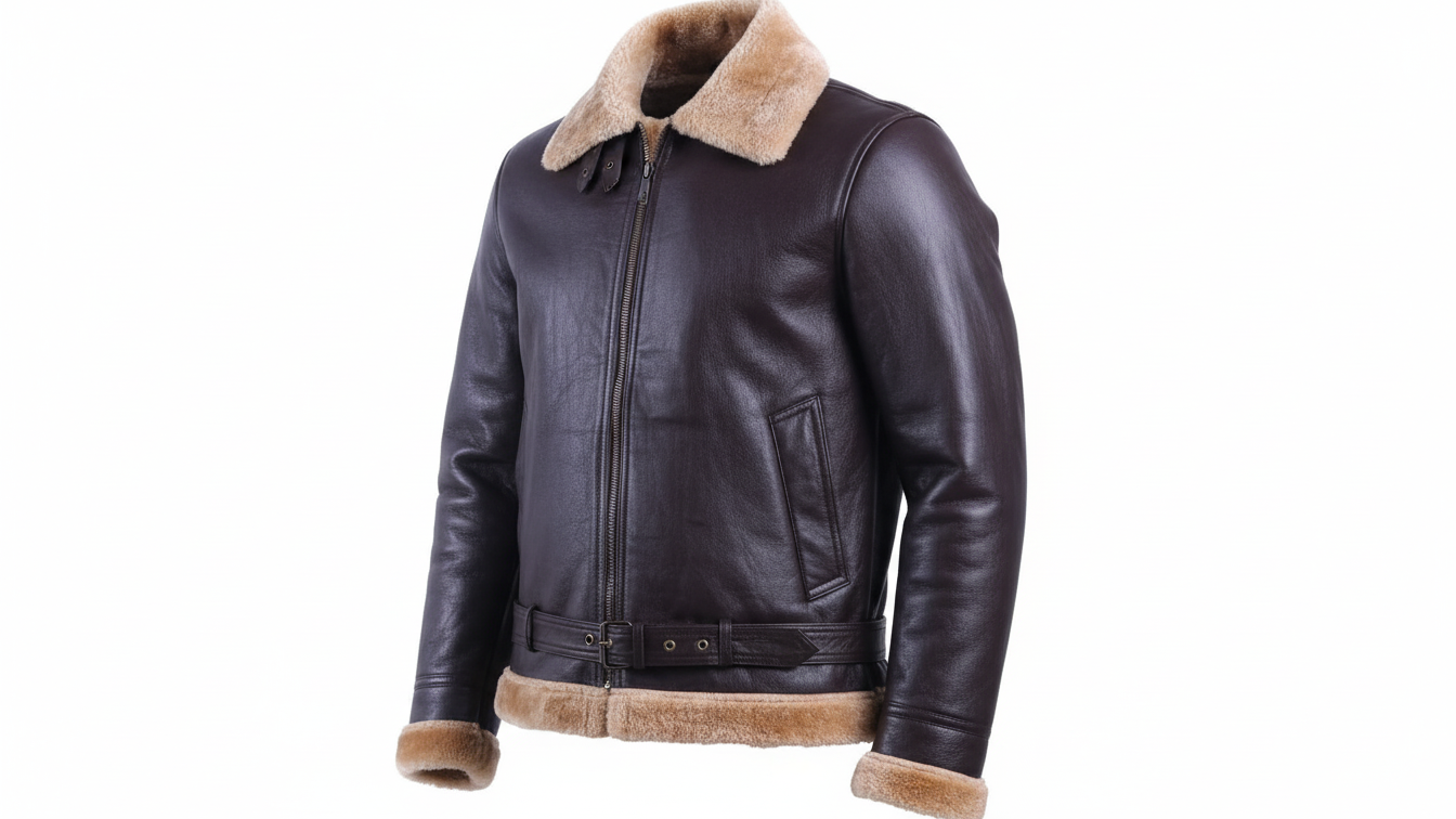Men’s Black/Brown Leather Shearling Aviator Biker Jacket Fur Lined Winter Coat