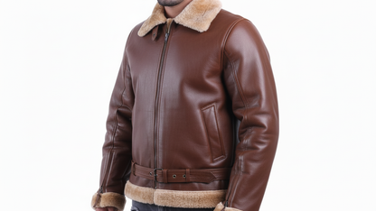 Men’s Black/Brown Leather Shearling Aviator Biker Jacket Fur Lined Winter Coat