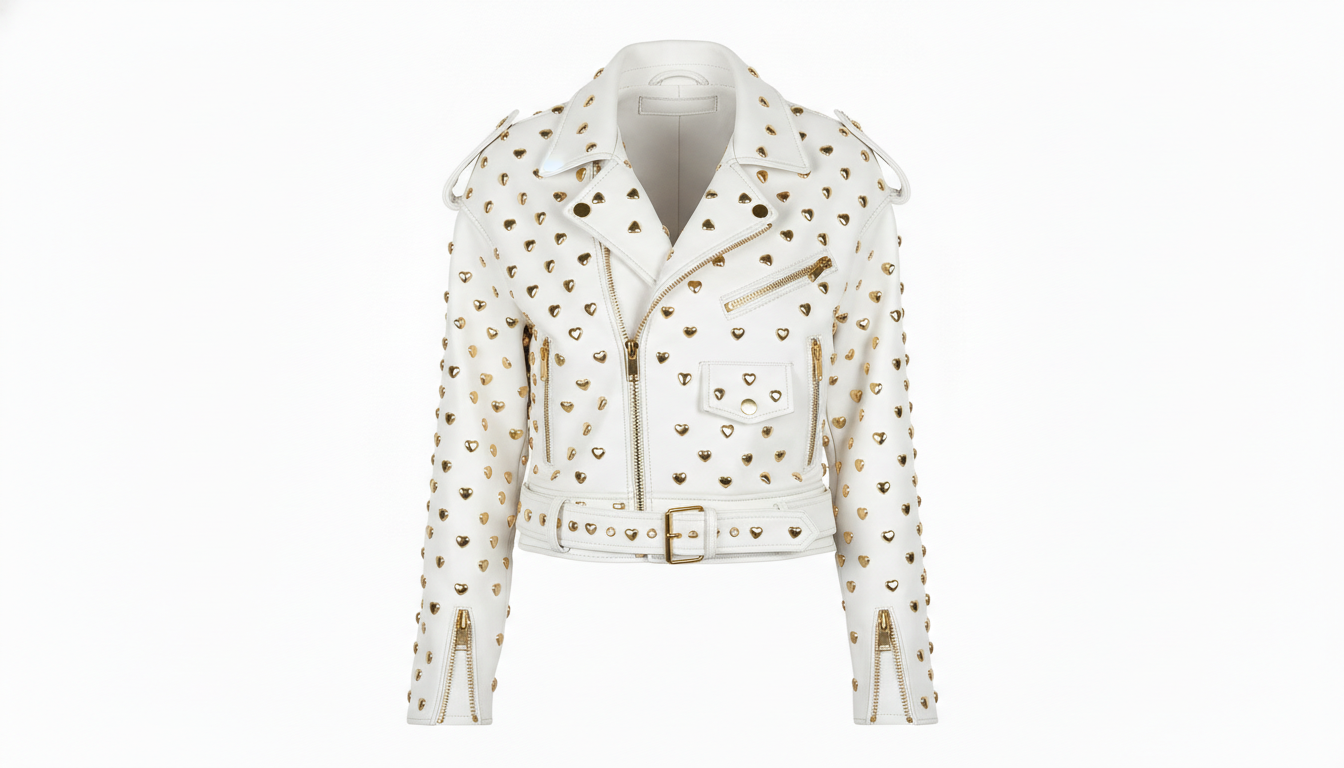Black Leather Studded Biker Jacket with Heart-Shaped Silver Studs for Women – Fashionable, Edgy & Bold