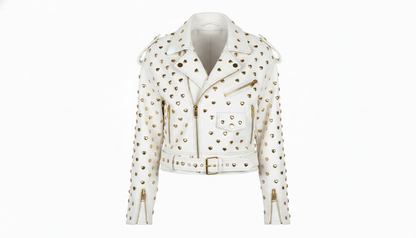 Black Leather Studded Biker Jacket with Heart-Shaped Silver Studs for Women – Fashionable, Edgy & Bold