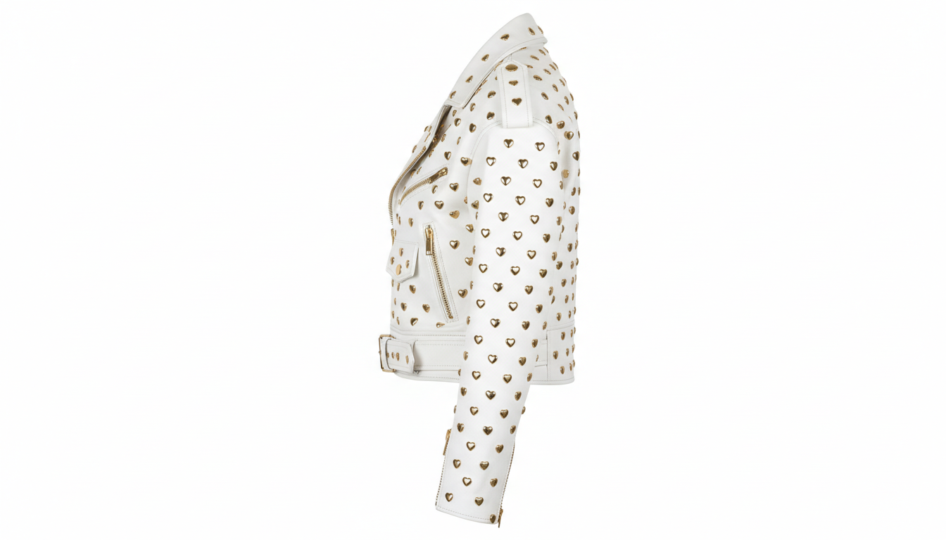 Black Leather Studded Biker Jacket with Heart-Shaped Silver Studs for Women – Fashionable, Edgy & Bold
