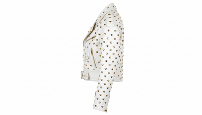 Black Leather Studded Biker Jacket with Heart-Shaped Silver Studs for Women – Fashionable, Edgy & Bold