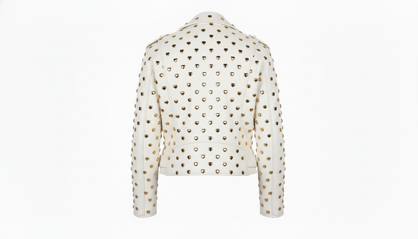 Black Leather Studded Biker Jacket with Heart-Shaped Silver Studs for Women – Fashionable, Edgy & Bold