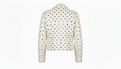 Black Leather Studded Biker Jacket with Heart-Shaped Silver Studs for Women – Fashionable, Edgy & Bold