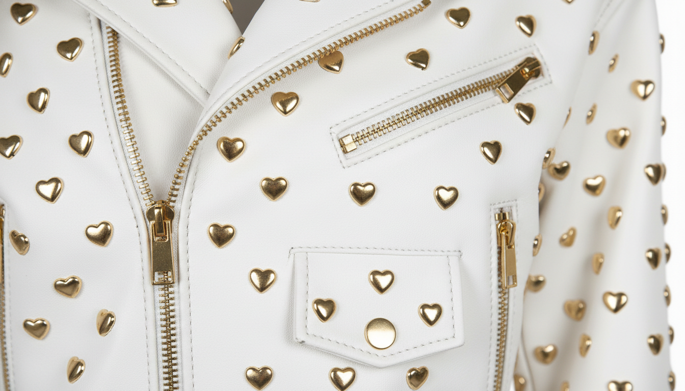 Black Leather Studded Biker Jacket with Heart-Shaped Silver Studs for Women – Fashionable, Edgy & Bold