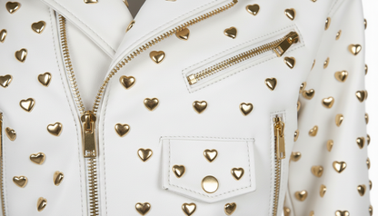 Black Leather Studded Biker Jacket with Heart-Shaped Silver Studs for Women – Fashionable, Edgy & Bold