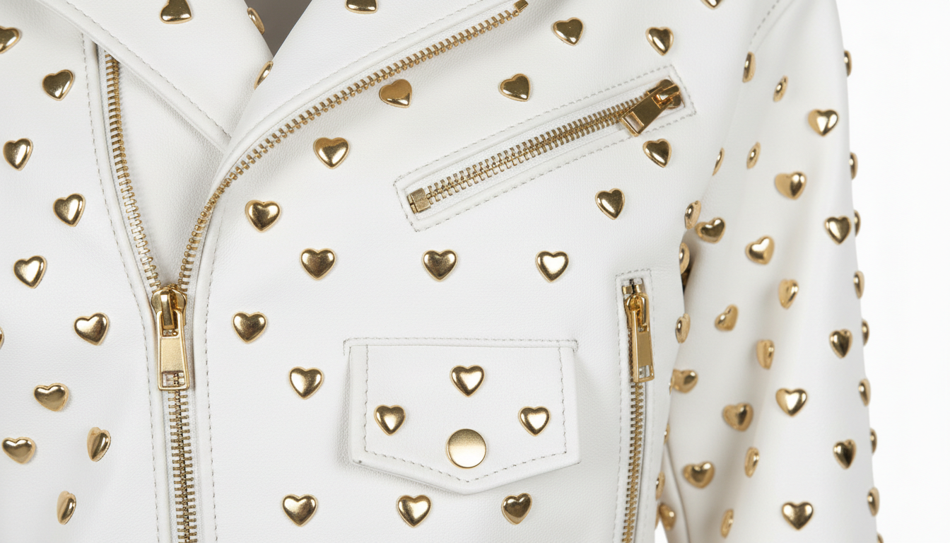 Black Leather Studded Biker Jacket with Heart-Shaped Silver Studs for Women – Fashionable, Edgy & Bold