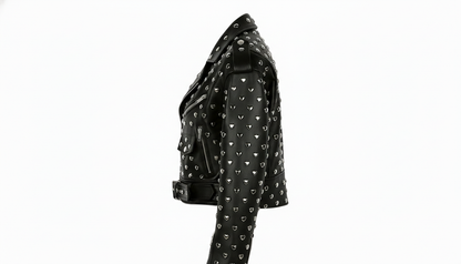 Black Leather Studded Biker Jacket with Heart-Shaped Silver Studs for Women – Fashionable, Edgy & Bold
