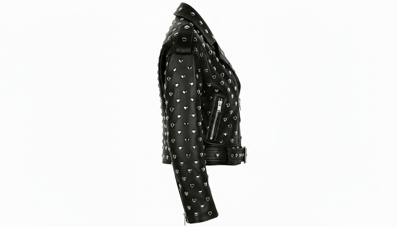 Black Leather Studded Biker Jacket with Heart-Shaped Silver Studs for Women – Fashionable, Edgy & Bold