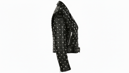 Black Leather Studded Biker Jacket with Heart-Shaped Silver Studs for Women – Fashionable, Edgy & Bold