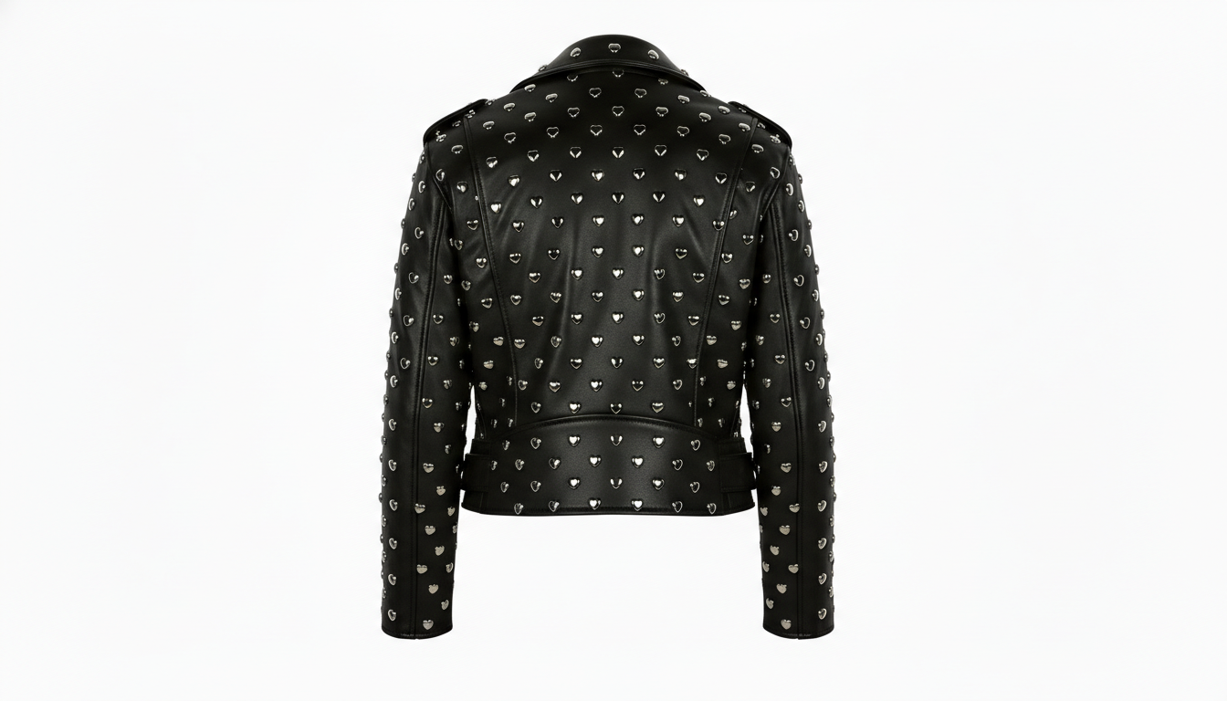 Black Leather Studded Biker Jacket with Heart-Shaped Silver Studs for Women – Fashionable, Edgy & Bold