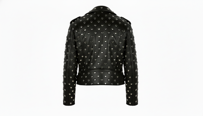 Black Leather Studded Biker Jacket with Heart-Shaped Silver Studs for Women – Fashionable, Edgy & Bold
