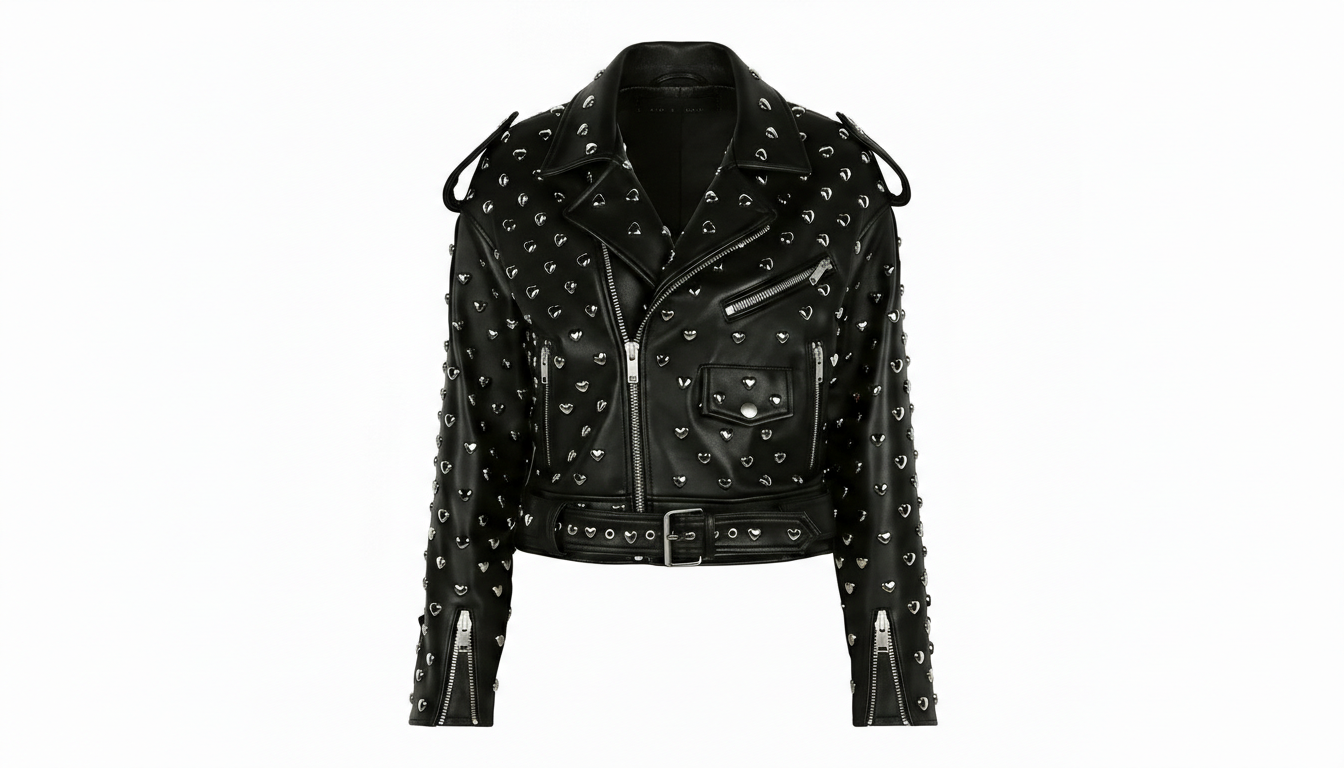 Black Leather Studded Biker Jacket with Heart-Shaped Silver Studs for Women – Fashionable, Edgy & Bold