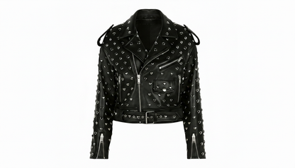 Black Leather Studded Biker Jacket with Heart-Shaped Silver Studs for Women – Fashionable, Edgy & Bold