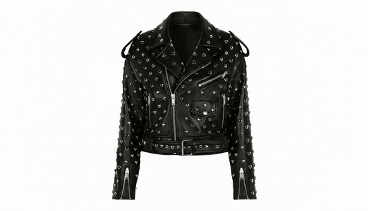 Black Leather Studded Biker Jacket with Heart-Shaped Silver Studs for Women – Fashionable, Edgy & Bold