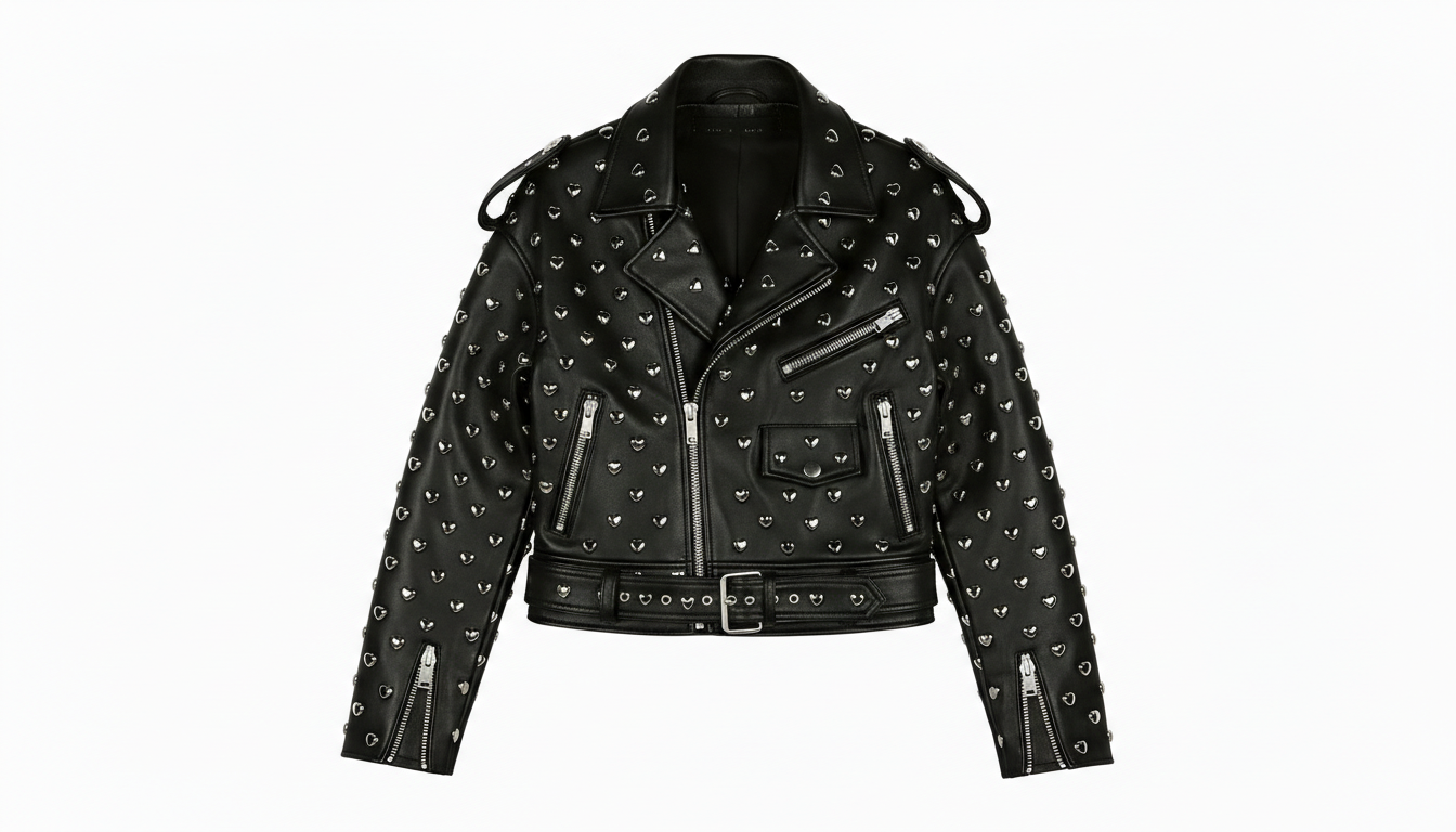 Black Leather Studded Biker Jacket with Heart-Shaped Silver Studs for Women – Fashionable, Edgy & Bold