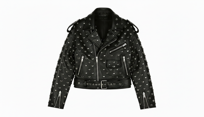 Black Leather Studded Biker Jacket with Heart-Shaped Silver Studs for Women – Fashionable, Edgy & Bold