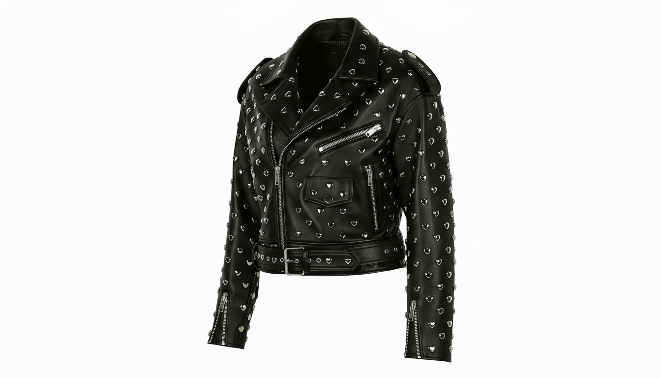 Black Leather Studded Biker Jacket with Heart-Shaped Silver Studs for Women – Fashionable, Edgy & Bold