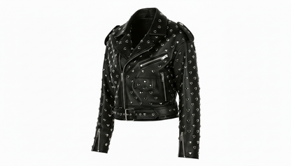 Black Leather Studded Biker Jacket with Heart-Shaped Silver Studs for Women – Fashionable, Edgy & Bold