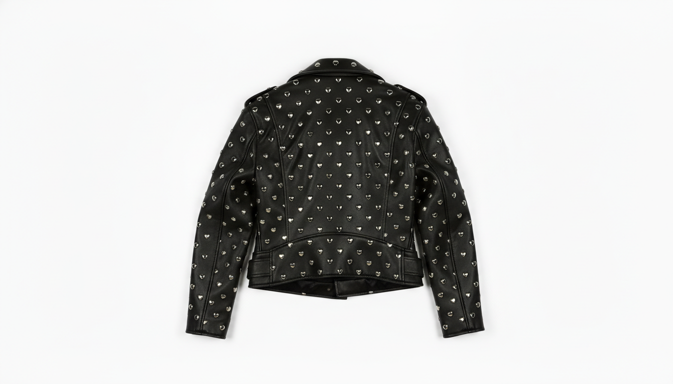 Black Leather Studded Biker Jacket with Heart-Shaped Silver Studs for Women – Fashionable, Edgy & Bold