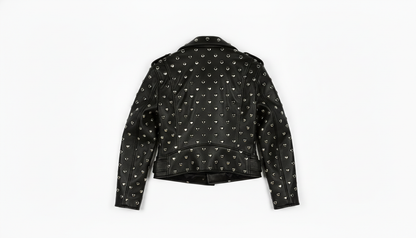 Black Leather Studded Biker Jacket with Heart-Shaped Silver Studs for Women – Fashionable, Edgy & Bold