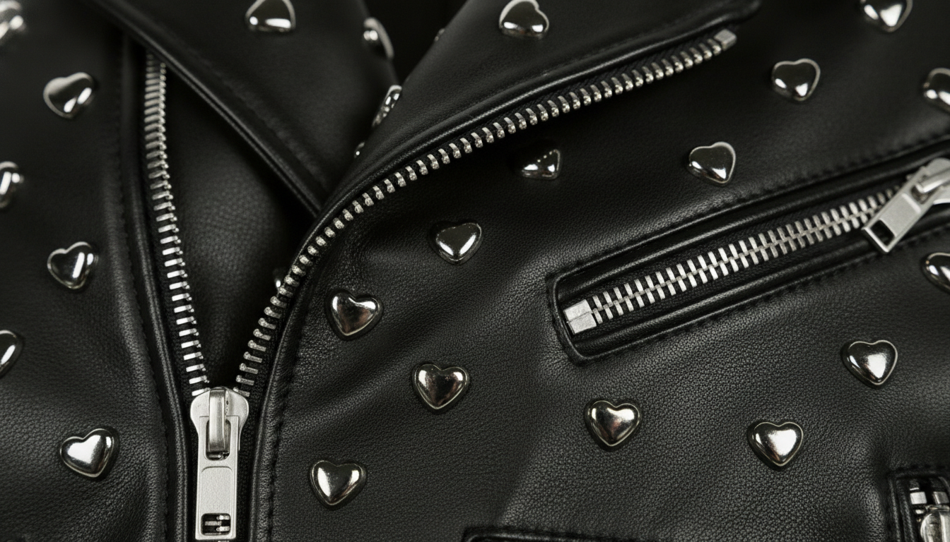 Black Leather Studded Biker Jacket with Heart-Shaped Silver Studs for Women – Fashionable, Edgy & Bold
