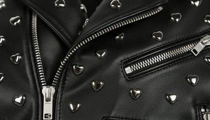 Black Leather Studded Biker Jacket with Heart-Shaped Silver Studs for Women – Fashionable, Edgy & Bold