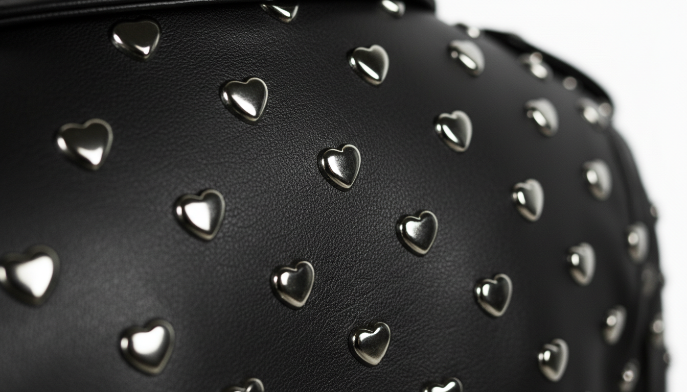 Black Leather Studded Biker Jacket with Heart-Shaped Silver Studs for Women – Fashionable, Edgy & Bold