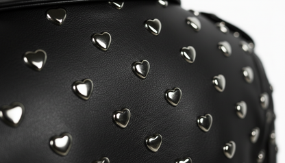 Black Leather Studded Biker Jacket with Heart-Shaped Silver Studs for Women – Fashionable, Edgy & Bold