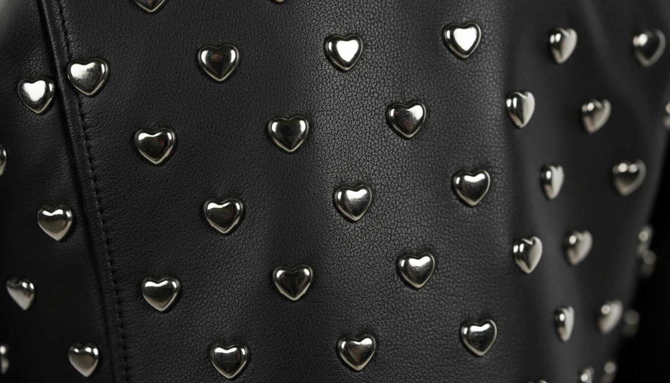 Black Leather Studded Biker Jacket with Heart-Shaped Silver Studs for Women – Fashionable, Edgy & Bold