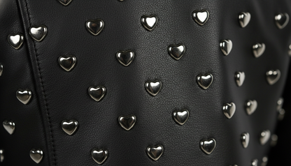Black Leather Studded Biker Jacket with Heart-Shaped Silver Studs for Women – Fashionable, Edgy & Bold
