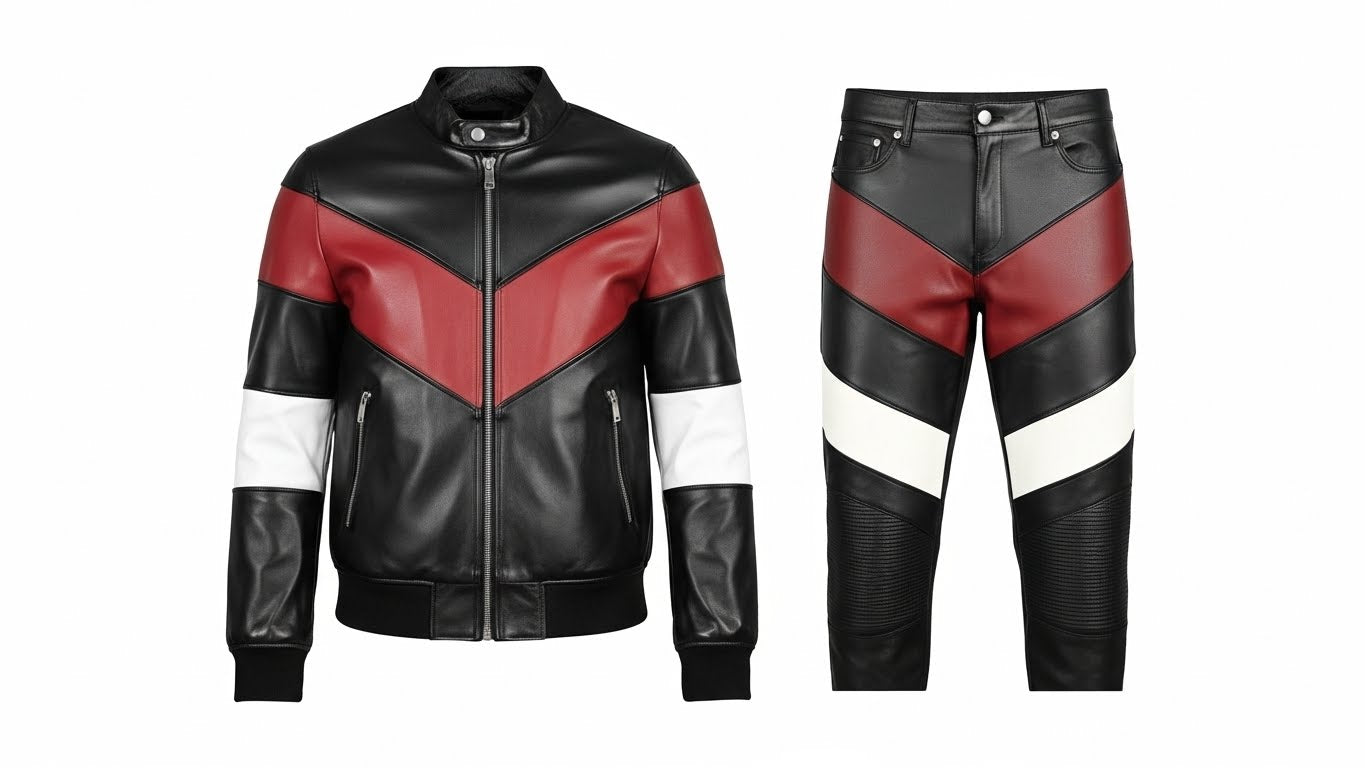 Men’s Black Genuine Leather Café Racer Jacket & Pants Set Black Red Biker Suit