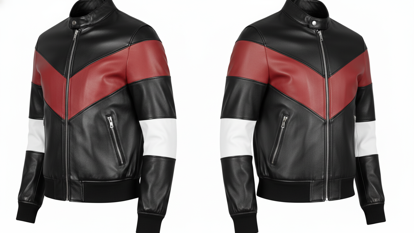 Men’s Black Genuine Leather Café Racer Jacket & Pants Set Black Red Biker Suit