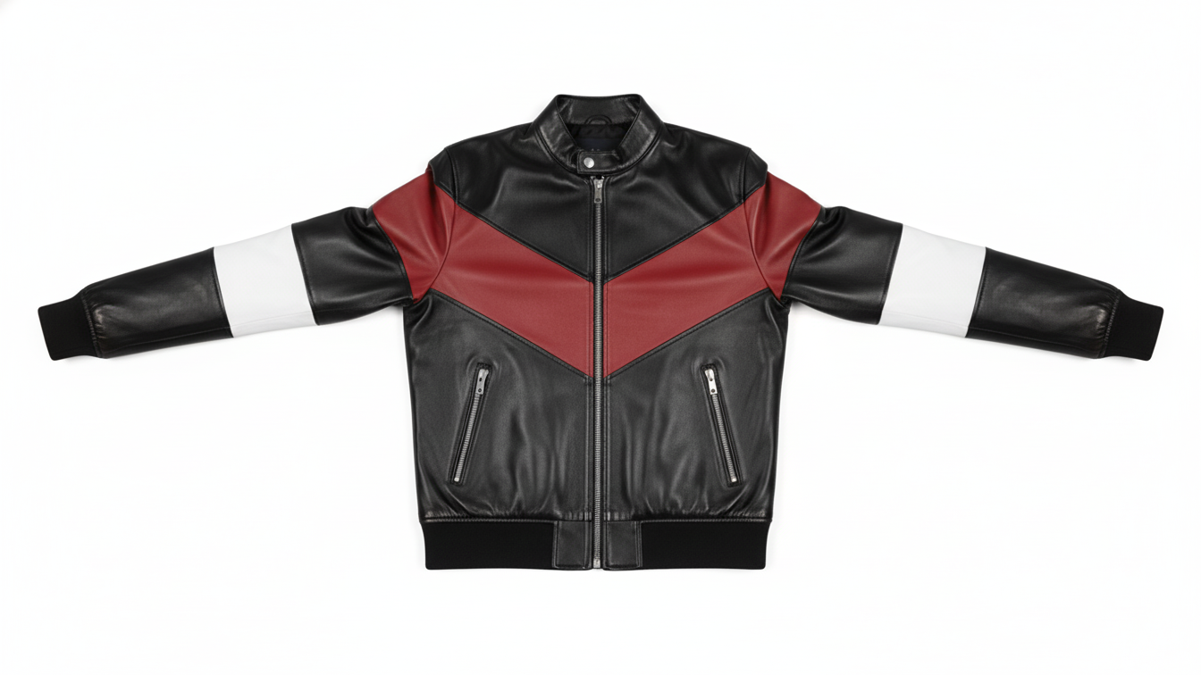 Men’s Black Genuine Leather Café Racer Jacket & Pants Set Black Red Biker Suit