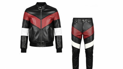 Men’s Black Genuine Leather Café Racer Jacket & Pants Set Black Red Biker Suit