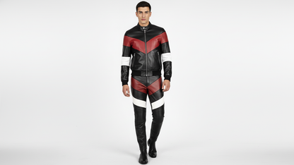 Men’s Black Genuine Leather Café Racer Jacket & Pants Set Black Red Biker Suit
